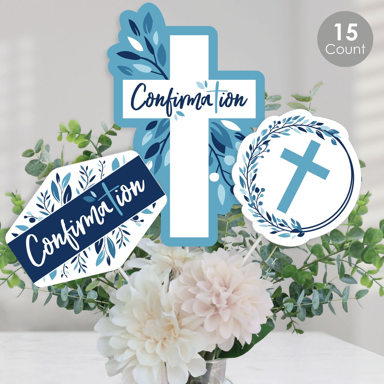Big Dot of Happiness Confirmation Blue Elegant Cross - Boy Religious Party Centerpiece Sticks - Table Toppers - Set of 15